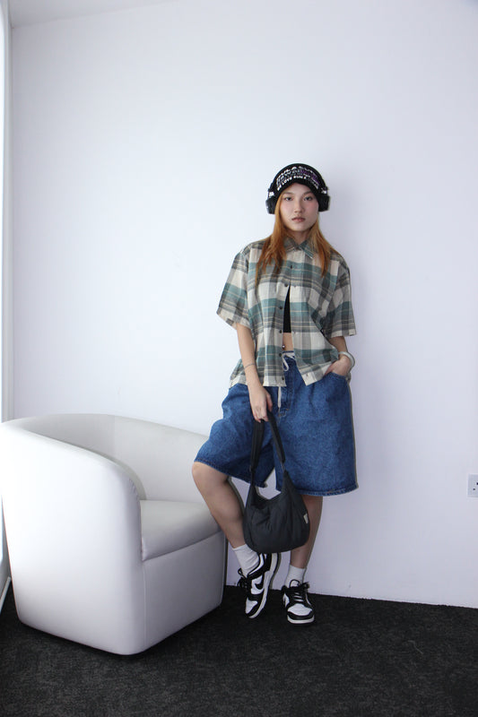 Vintage Cropped Collared Shirt - Checkered Grey